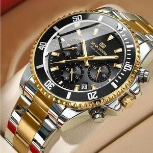 NWT VAVAVOOM Two Tone Gold and Silver Stainless Steel Quartz Chronograph Watch